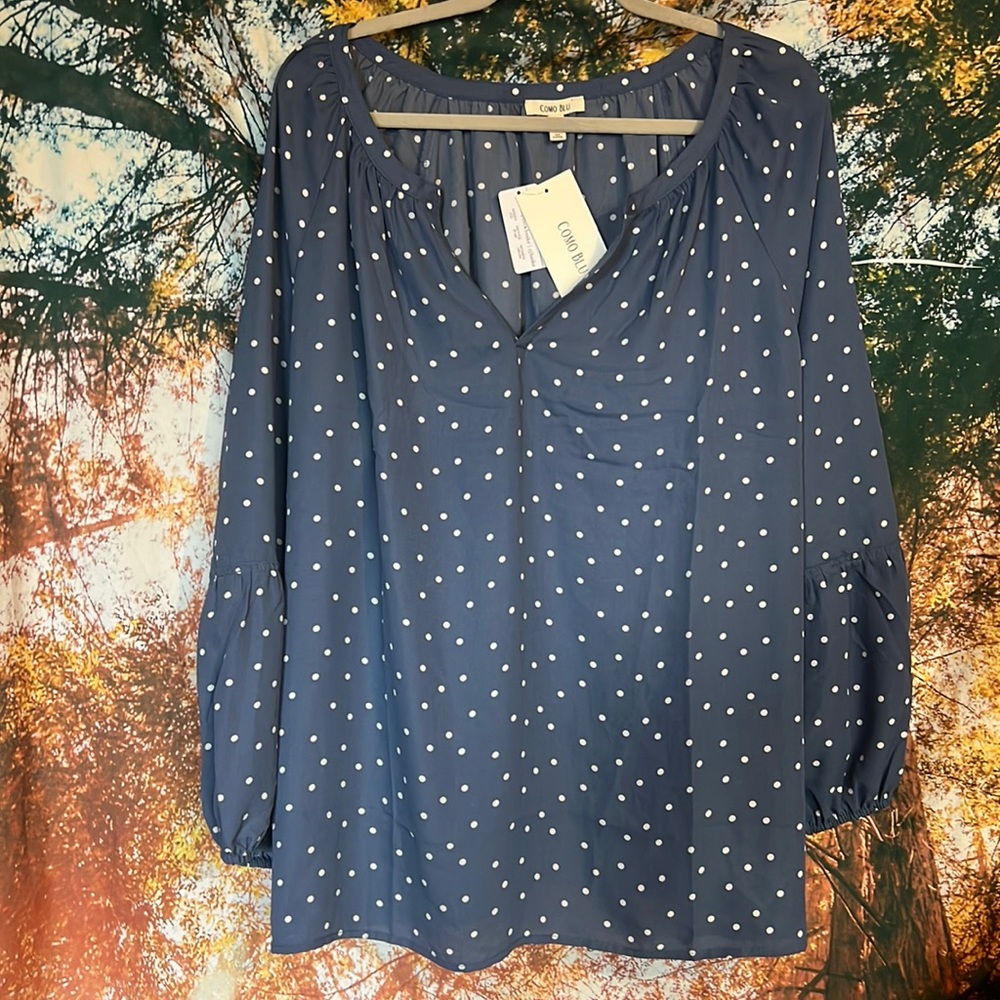 COMO BLU 1X Blue polka dot Shirt NWT